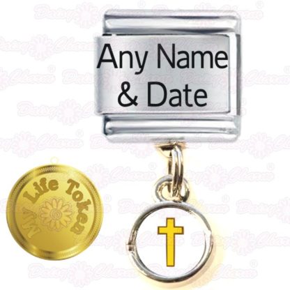 My Life Token - Personalised Cross Name & Date Italian Charm