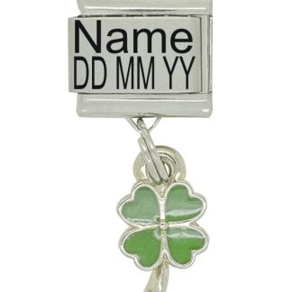 Personalised Shamrock Birthstone Dangle Name & Date Charm