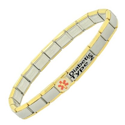 Gold Trim Diabetic Type 2 Stainless Steel Medical Alert Bracelet