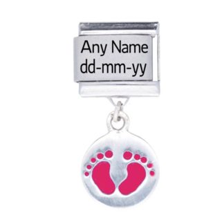 Silver & Stainless Steel- Personalised Baby Girl Pink Footprints Feet Name &  Date Italian Charm