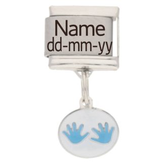 Personalised Baby Boy Blue Hands Name & Date Italian Charm